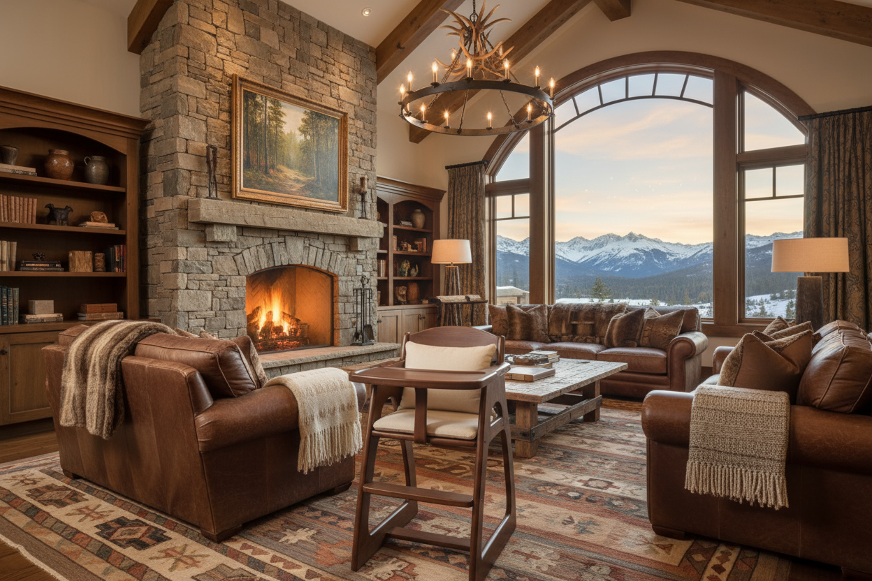 a luxury mountain home interior that features a wooden highchair for a toddler 