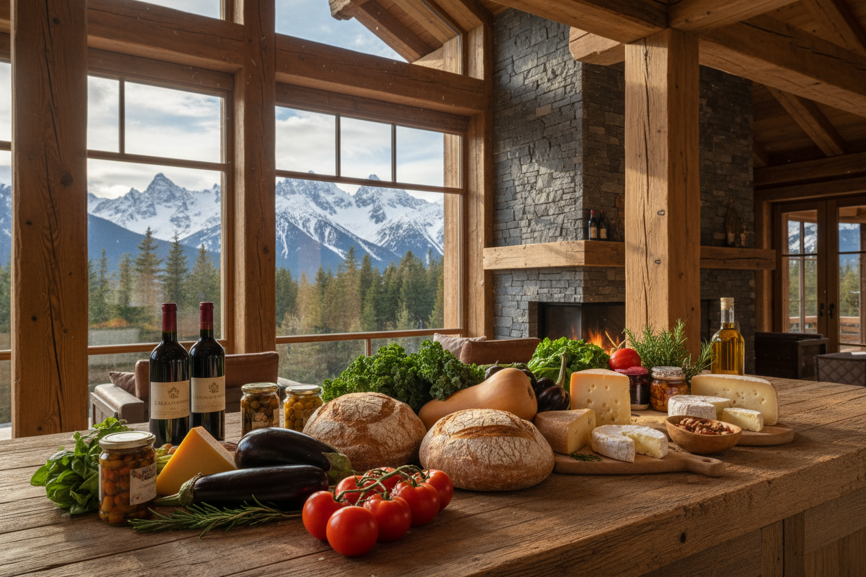 can you generate a beautiful assortment of groceries on a counter in a grand mountain chalet?