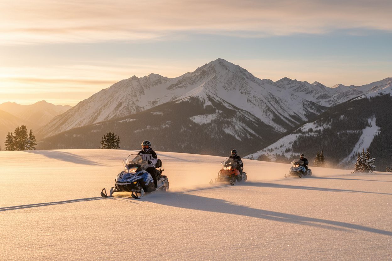 generate an image of a snowmobile tour with the vail, CO mountains in the background and golden sunlight on the snow