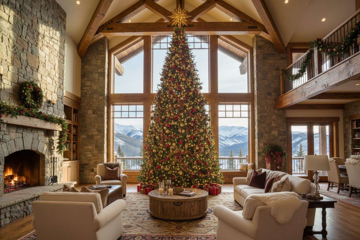 Live Christmas Tree 10' tall in a mountain home with large open windows in Vail, CO